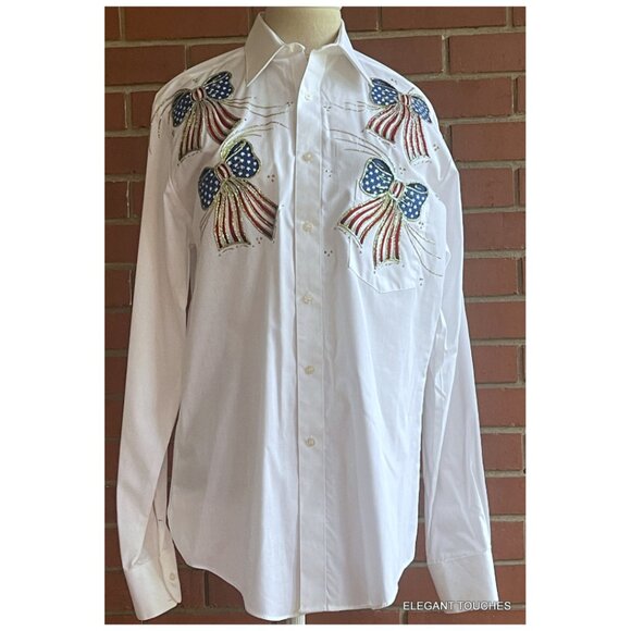 Womens USA Patriotic White Button-Up S / M US Flag Handcraft Vintage Y2K Western - Picture 3 of 15